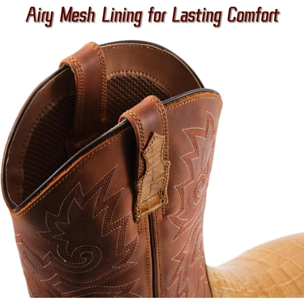Men‘s Tan Caiman Belly Leather Cowboy Bold Crocodile Texture Square Toe Boots